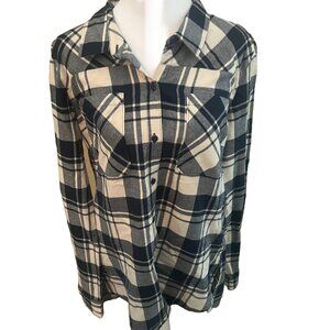 Fox Racing Women's Large Flannel Long Sleeve Button Up Plaid Blue White Shirt